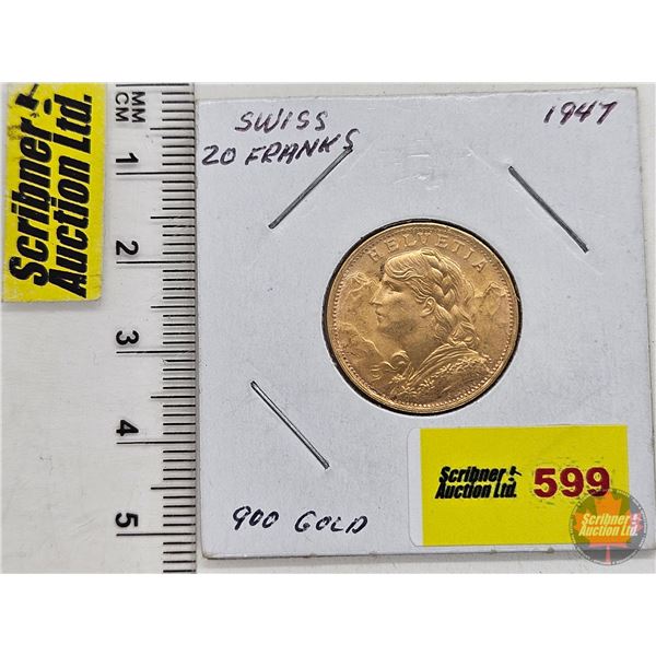 Switzerland : 20 Francs 1947 Gold Coin "Vreneli" (Gold .900) (6.45g) (SEE PICTURES!)  (Listing & Des