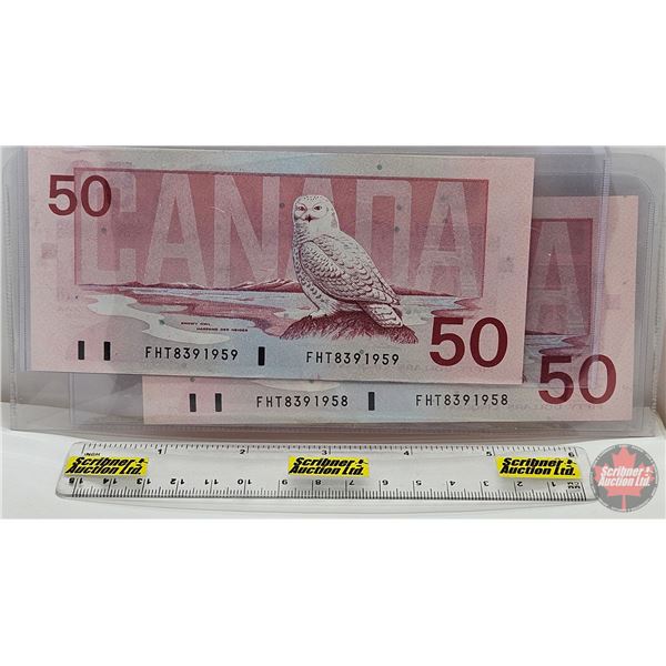 Canada $50 Bills 1988 (2 Consecutive) : Knight/Thiessen #FHT8391958-959 (See Pictures for Varieties,