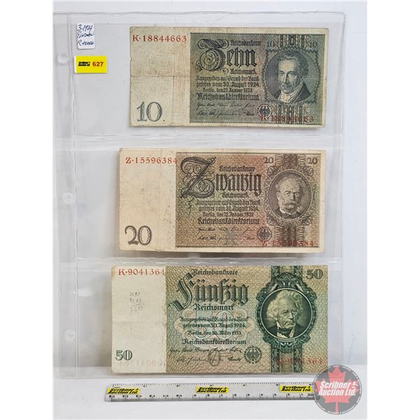 Germany Reichsmarks (3): - 50 Reichsbanknote : 1933 : #K9041364 - 20 Reichsbanknote : 1929 : #Z15596