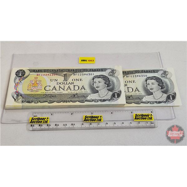 Canada $1 Bills 1973 (50 Consecutive) : Crow/Bouey #BFG2396301-6350 (See Pictures for Varieties, Con