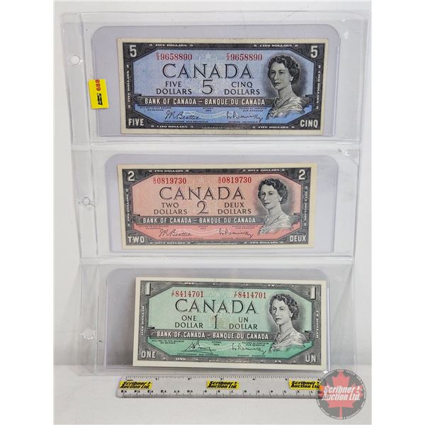 Canada Bills 1954 (3): - $1 Bill : Bouey/Rasminsky #IF8414701 - $2 Bill : Beattie/Rasminsky #SU08197
