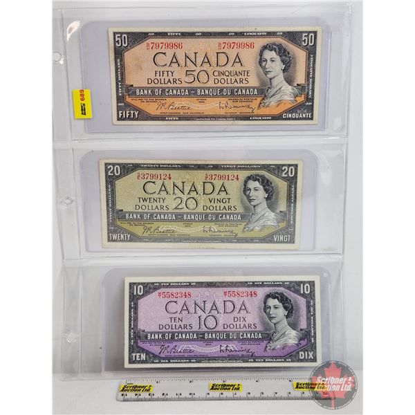 Canada Bills 1954 (3): - $10 Bill : Bouey/Rasminsky #MT5582348 - $20 Bill : Beattie/Rasminsky #SE379