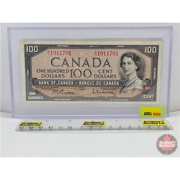 Canada $100 Bill 1954 : Beattie/Rasminsky #BJ1911701 (See Pictures for Varieties, Conditions, Serial