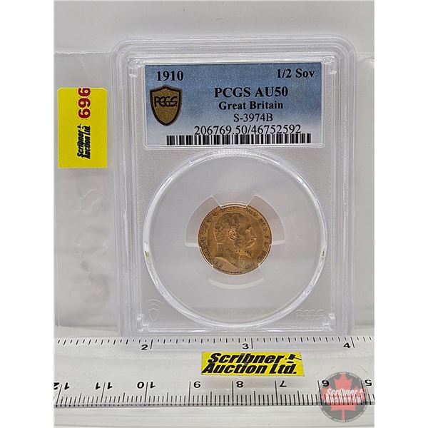 Great Britain 1910 Half Sovereign (PCGS Cert : AU50) (.9167 Gold) (3.99g) (SEE PICTURES!)  (Listing 