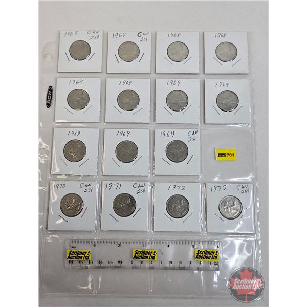 Canada Twenty Five Cent (Sheet of 15) : - (6) 1968 - (5) 1969 - (1) 1970 - (1) 1971 - (2) 1972 (SEE 