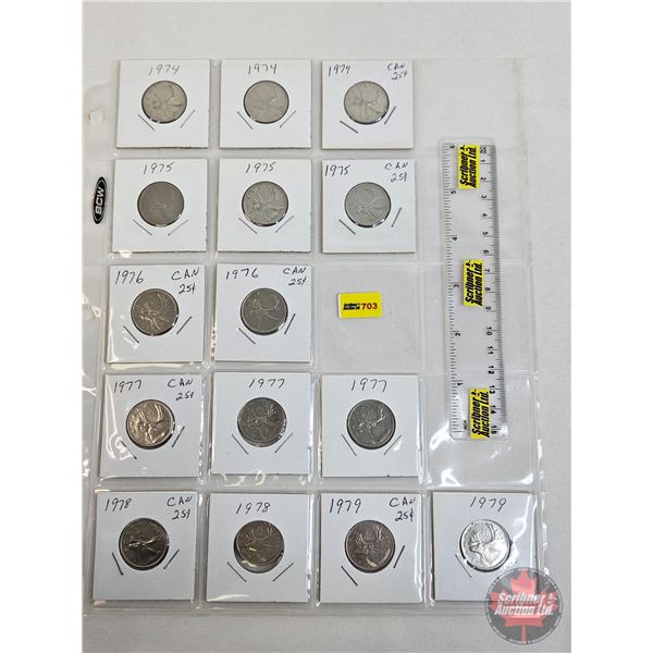 Canada Twenty Five Cent (Sheet of 15) : - (3) 1974 - (3) 1975 - (2) 1976 - (3) 1977 - (2) 1978 - (2)