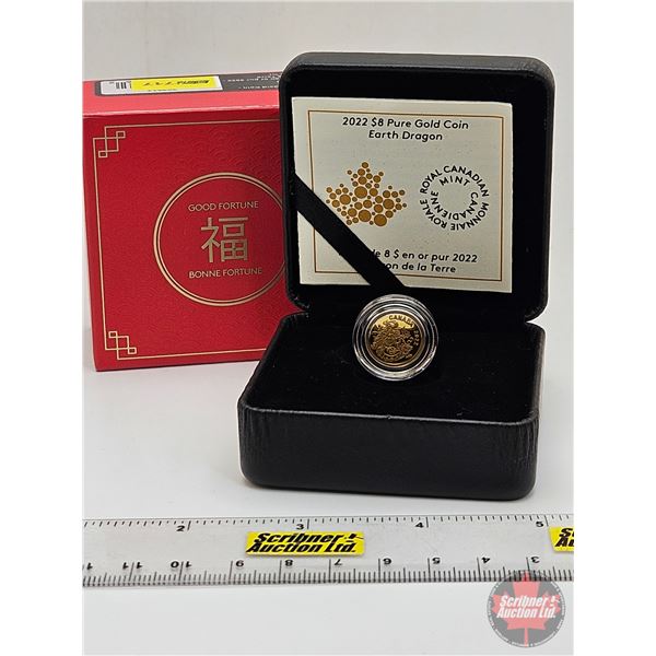 RCM Canada 2022 : $8 Pure Gold Coin : Earth Dragon (COA #0270) (99.99%) (1.58 grams) (SEE PICTURES!)