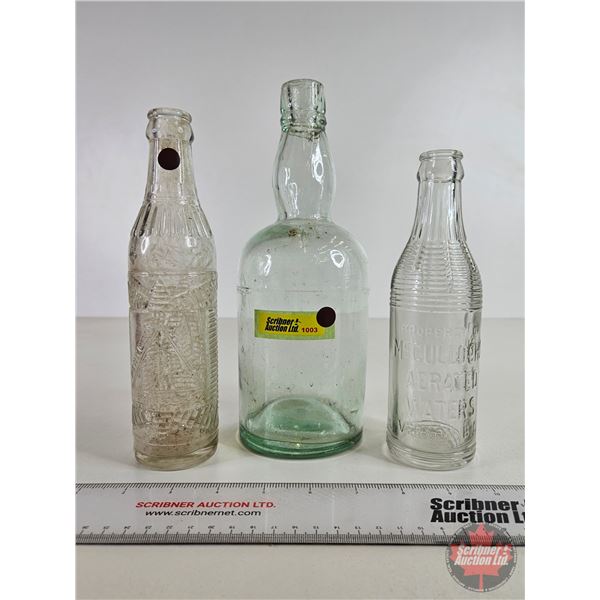 Bottles (3) : - Green Tinge Blob Top (Seeds) (10"H) - McCulloch's Water (Embossed) - Penticton Purit
