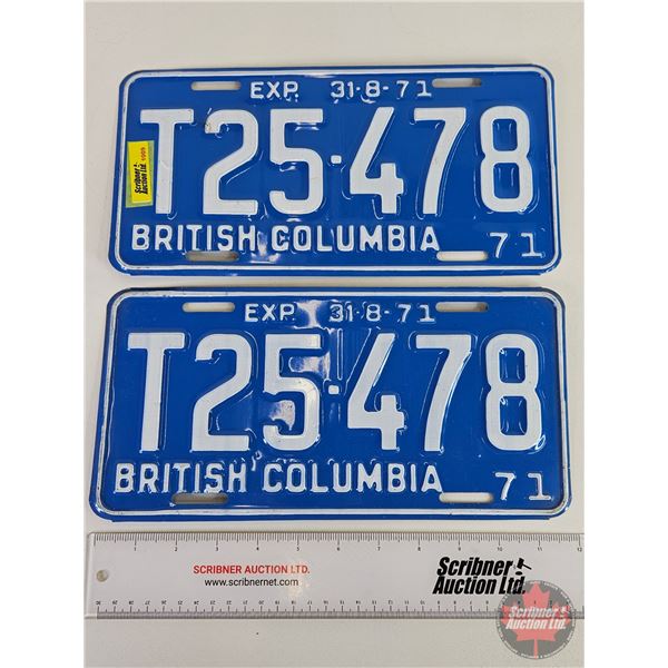 British Columbia Lic Plates (Pair) : 1971  (Measures: 6" x 12")