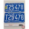 Image 1 : British Columbia Lic Plates (Pair) : 1971  (Measures: 6" x 12")