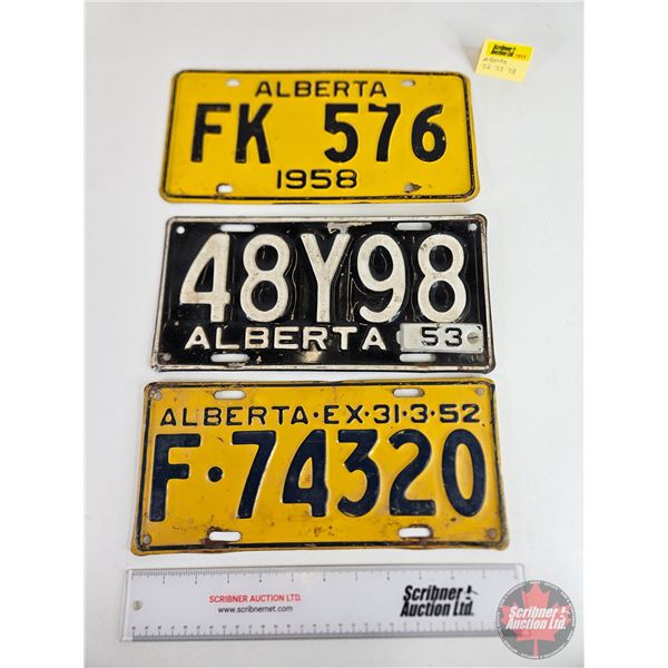 Alberta Lic Plates (3) : - 1952 (5-1/2" x 12")  - 1952 with 1953 Tag (6" x 12") - 1958 (6" x 12")
