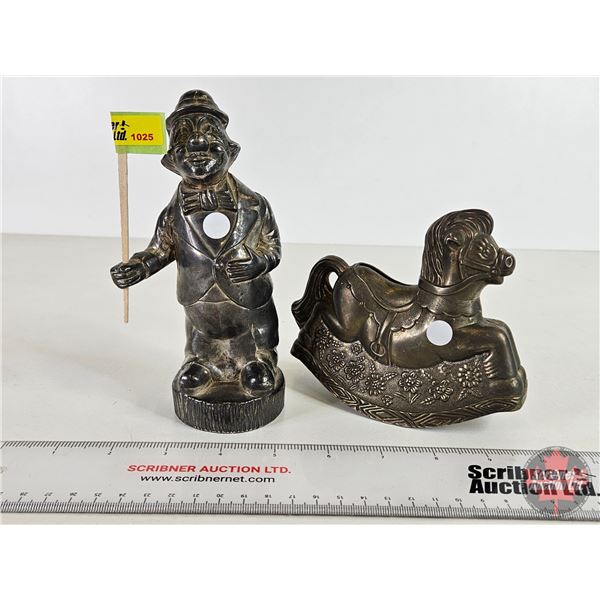 "Elegance" Coin Banks (2): Silver Plated Zinc : Clown & Rocking Horse (Clown Measures: 6-1/2"H)