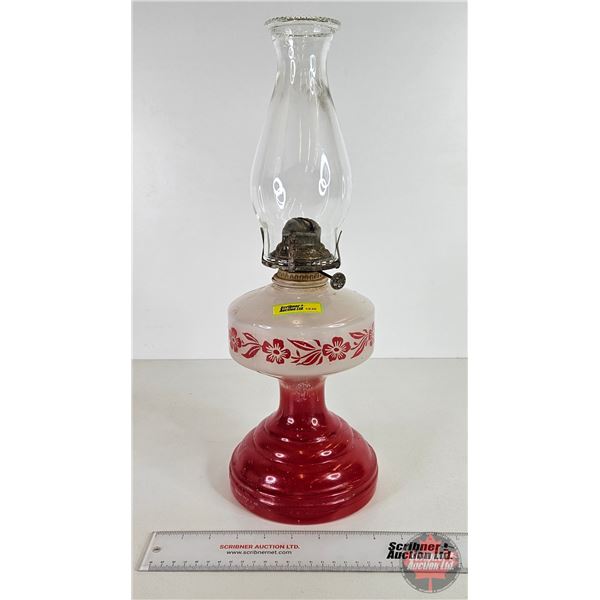 Coal Oil Lamp (Red / White Font - Base) : Queen Mary Burner (Total Measures w/Chimney : 18"H)