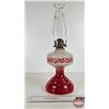 Image 3 : Coal Oil Lamp (Red / White Font - Base) : Queen Mary Burner (Total Measures w/Chimney : 18"H)
