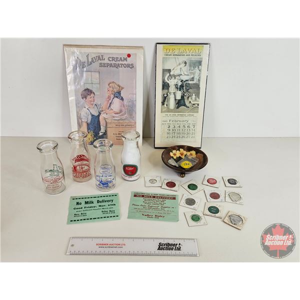 Dairy Collector Combo :  - (4) Cream Bottles - (12) Dairy Tokens - Calendar (14-1/2"H) - (2) Repro P