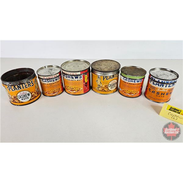 Planters Cashew Tins (6) : Variety  (Largest Measures : 3-1/8"H x 3-1/4"Dia)