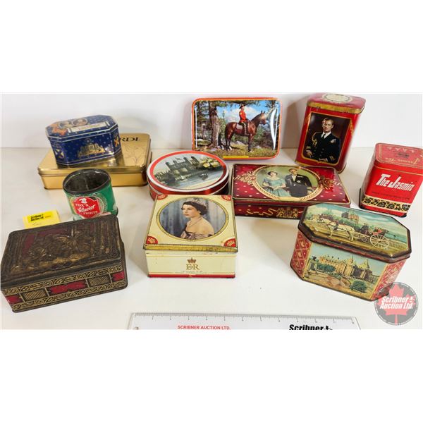 Confection Tin Collection (11) including Royalty, RCMP, etc (Tallest Measures : 6-1/4"H)