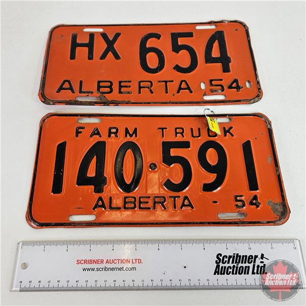 Alberta Lic Plates (2) : 1954; 1954 Farm Truck  (Measures : 5-3/4" x 12")