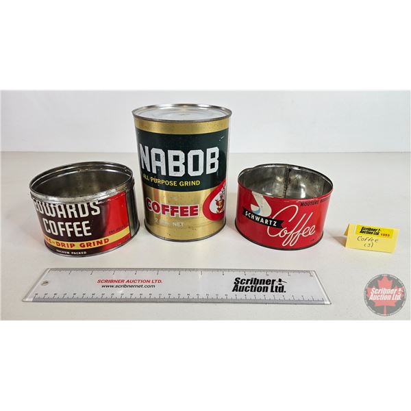 Coffee Tins (3) : Nabob, Edwards, Schwartz (Tallest Measures: 6-1/2"H)