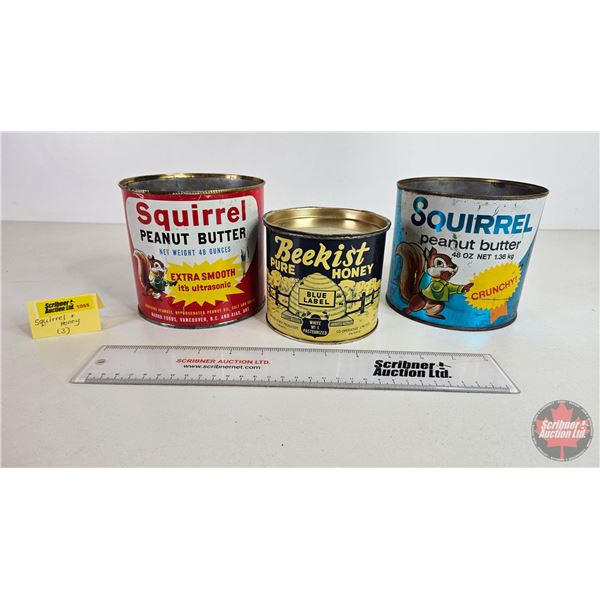 Tins (3) : Squirrel ; Squirrel & Beekist (Largest Measures: 5"H)