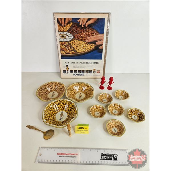 Planters Peanuts Collector Combo : Tin Nut Dishes, S&P Shakers, Pen Cap, Spoon, Magazine Ad (Ad Meas