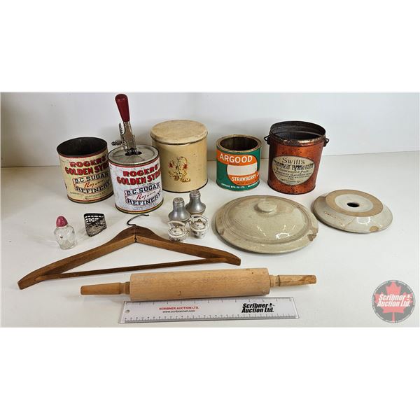 Vintage Kitchen Collector Combo: Rogers' Syrup Tins; Crock Lids; Lard Pail; Jam Tin; Canister; Rolli