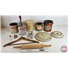 Image 1 : Vintage Kitchen Collector Combo: Rogers' Syrup Tins; Crock Lids; Lard Pail; Jam Tin; Canister; Rolli