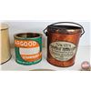 Image 2 : Vintage Kitchen Collector Combo: Rogers' Syrup Tins; Crock Lids; Lard Pail; Jam Tin; Canister; Rolli