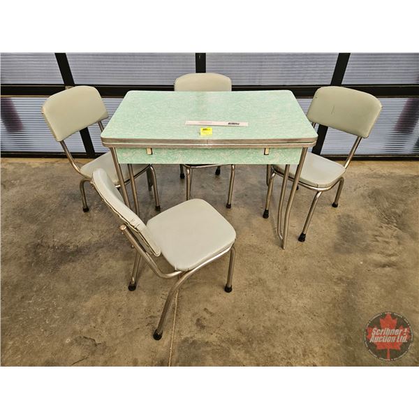 Chrome Table & 4 Chairs (Cracked Ice Pattern - Green) (Refectory Table) (Table Measures Closed : 31"