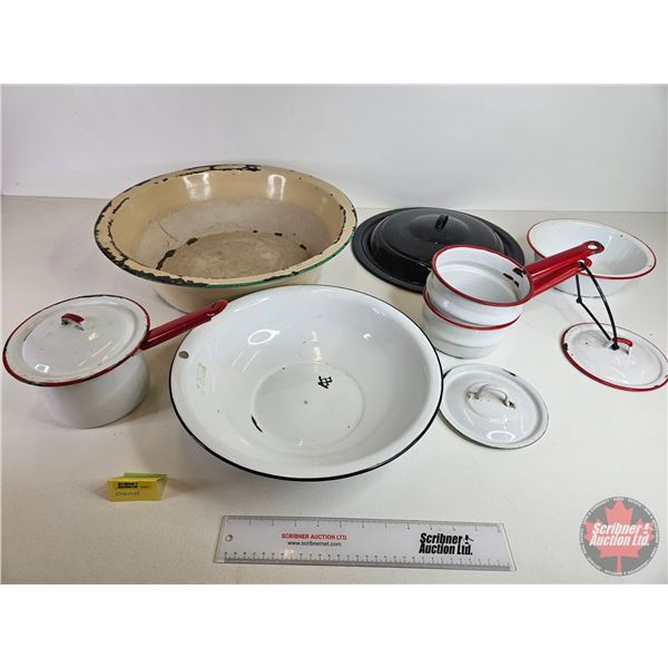 Vintage Enamelware : Basin; Boiler Lid; Bowls, Pots etc (Large Basin Measures: 18" Top Dia)