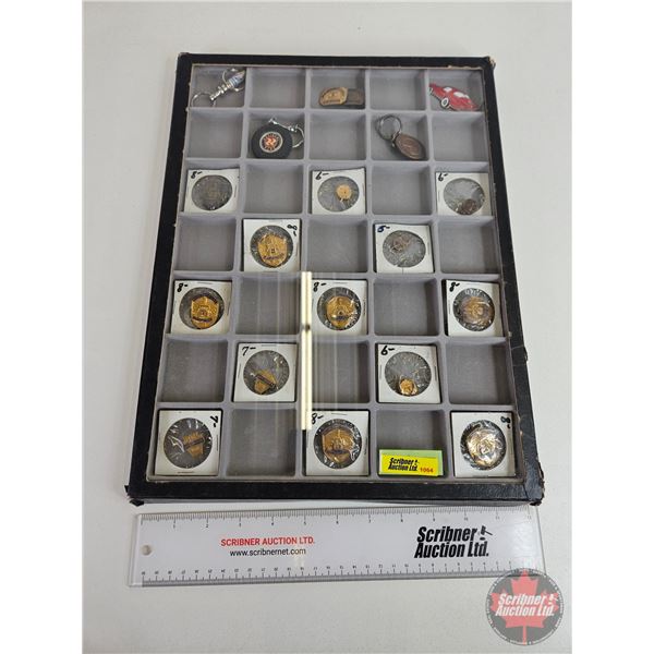 Collector Combo : Pins, Keychains & Badges Collection (19) (Automobile Theme) with Display Box / Gla