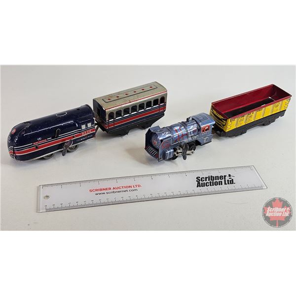 Wind Up Tin Toy Trains : 2 Engines & 2 Cars