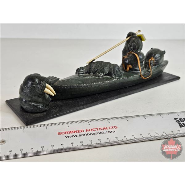 Wolf Sculpture : Inuit Man Hunting Seal from Kayak : Soapstone Carving (Base Length : 13")