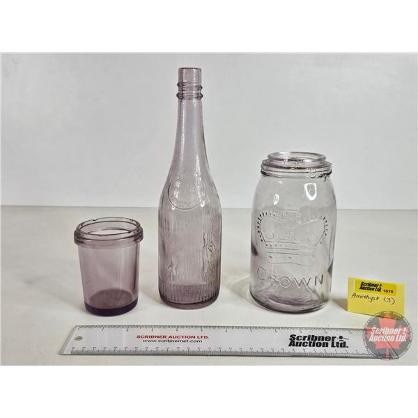 Bottle & Jars (3) (Amethyst Tinge) (2 are Embossed) (Tallest Measures: 10-1/2"H