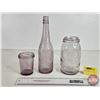 Image 1 : Bottle & Jars (3) (Amethyst Tinge) (2 are Embossed) (Tallest Measures: 10-1/2"H