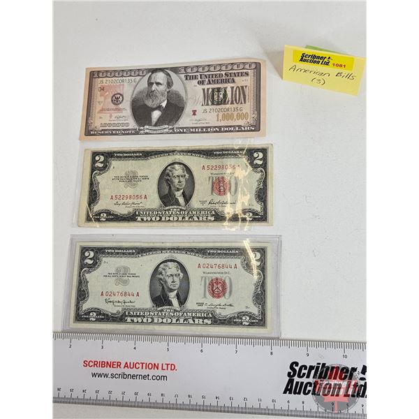 USA $2 Bills 1953 & 1963 (2) + Novelty Million Dollar Bill