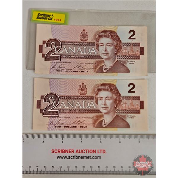 Canada $2 Bills 1986 (2) : Bonin/Thiessen #EGS2044192 & EGS2044183