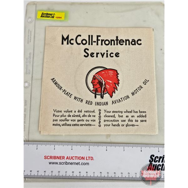 McColl-Frontenac Service (Paper Napkin) "Armour-Plate with Red Indian Aviation Motor Oil" (On Back "