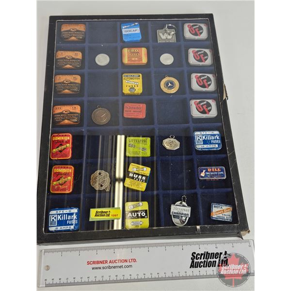 Collector Combo : Vintage Fuse Tins & Keychains (Variety) with Display Box / Glass Lid (Must See Pic