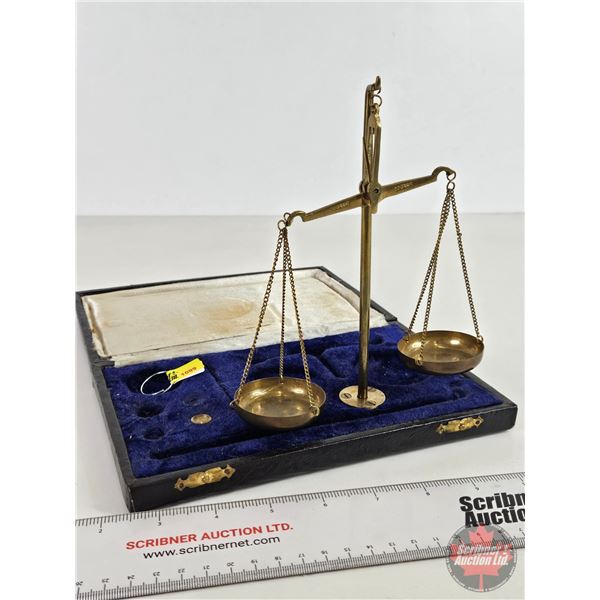 Antique Brass Apothecary / Gold Scale with Case (Note: 3 Weights Missing) (Case Measures: 1-1/4"H x 