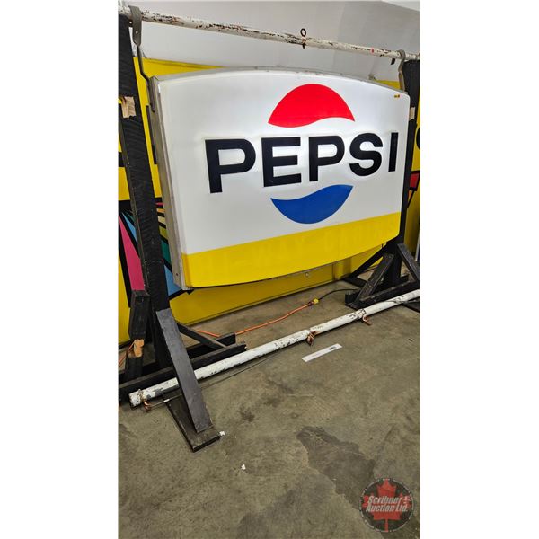 Large Double Sided PEPSI Light Up Outdoor Hanging Sign with Pole (Embossed Lenses) (Sign Measures: 5