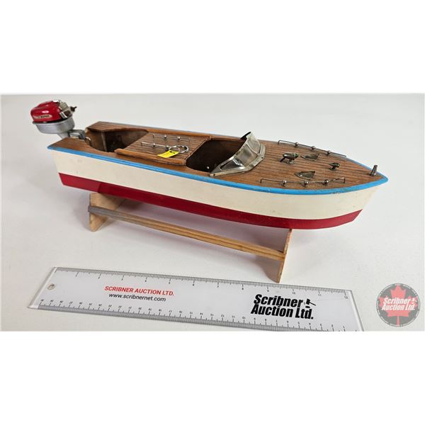 1950's Wooden Toy Boat with Working Outboard Motor (Batt Op) (Consignor Note : Motor works on its ow