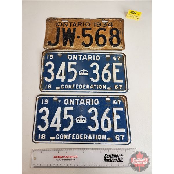 Ontario Lic Plates (3): - 1934 (5-1/2" x 12") - 1967 Confederation (Pair) (6" x 12")
