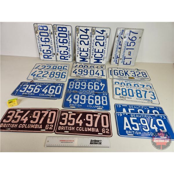 British Columbia Lic Plates (22) : 1960's-70's + (All Matching Sets) (See Pictures for Styles / Type