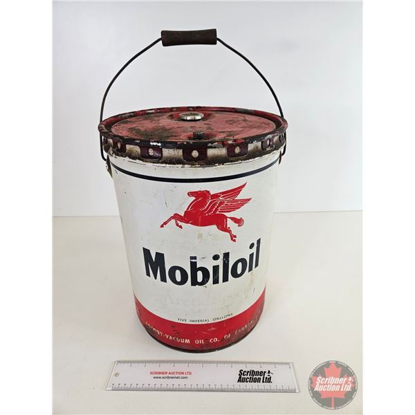 Mobil Oil Five-Gallon Pail w/Lid (15-1/2"H x 12"Dia)