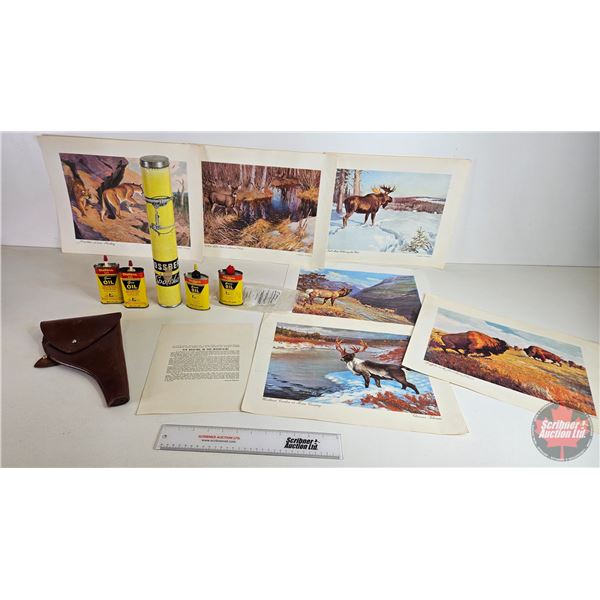 Collector Combo: Spotting Scope 20x in Orig Tube ; Gun Oil Tins; Holster (Stamped "15611); Wildlife 