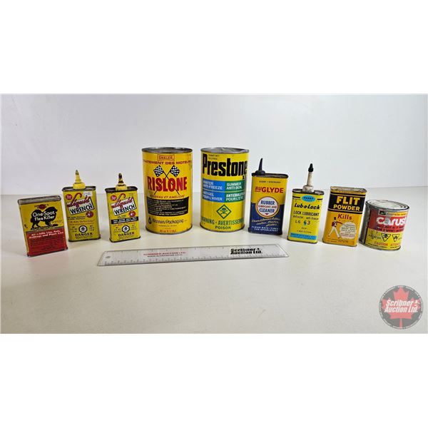 Tin Collection : Prestone Anti-Freeze (Full) ; Rislone; Flit Powder; Liquid Wrench; etc! (Tallest Me