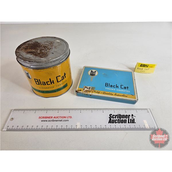 Black Cat Tins (2): - Cigarette Tin (1/2"H x 6"W x 4-1/2"D) - Tobacco Tin (4-1/4"H x 4-1/2"Dia)