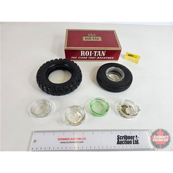 Smokers Collector Combo : Uranium Glass Ashtray Inserts ; Tire Ashtrays; Cigar Box; Ashtray Inserts 