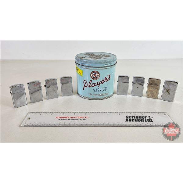 Smokers Collector Combo : Players Tin & Zippo Lighters (8) (Tin Measures: 4-1/4" x 4-1/2"Dia)